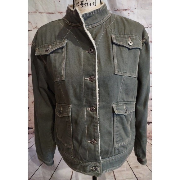 Ethyl Sherpa Lined Jean Jacket Womens Large Green Button Up Pockets Collared - Picture 1 of 7